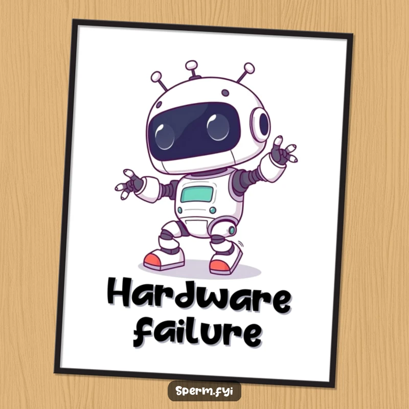 Funny Kawaii robot comically tripping over its own feet, available as a digital art print for immediate, humorous, and charming decor.