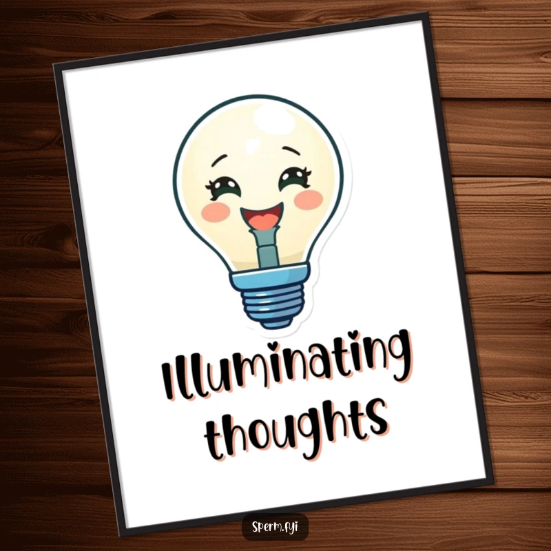Funny digital art print of a delighted lightbulb character glowing brightly, perfect for instant inspirational decor.
