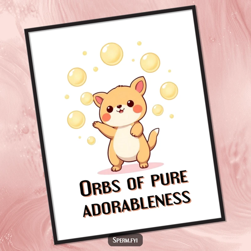 Funny Kawaii animal digital art print of a skilled juggler delighting in balancing glowing orbs, perfect for vibrant wall decor.