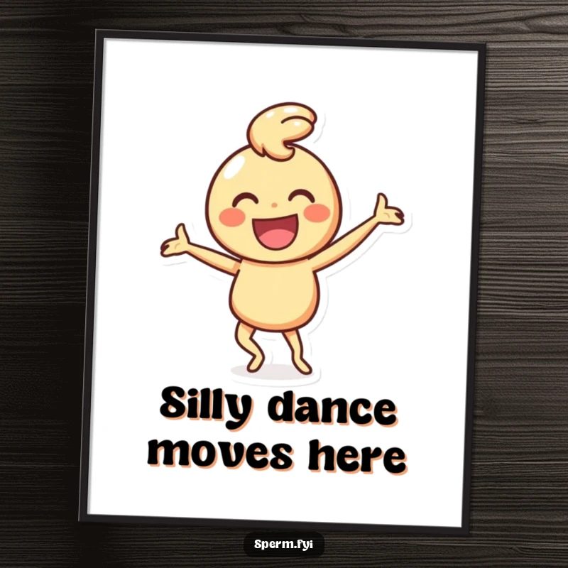 Funny digital art print of a happy smiley face character joyfully performing a silly dance, full of humor.