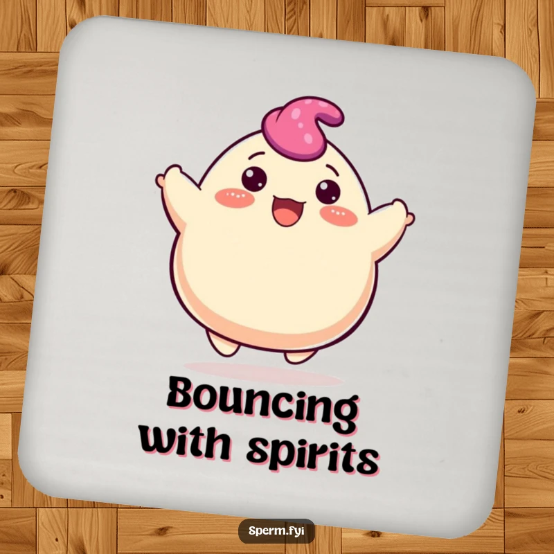 Funny blob coaster showing a happy character cheerfully bouncing upwards, adding a pop of pure joy.