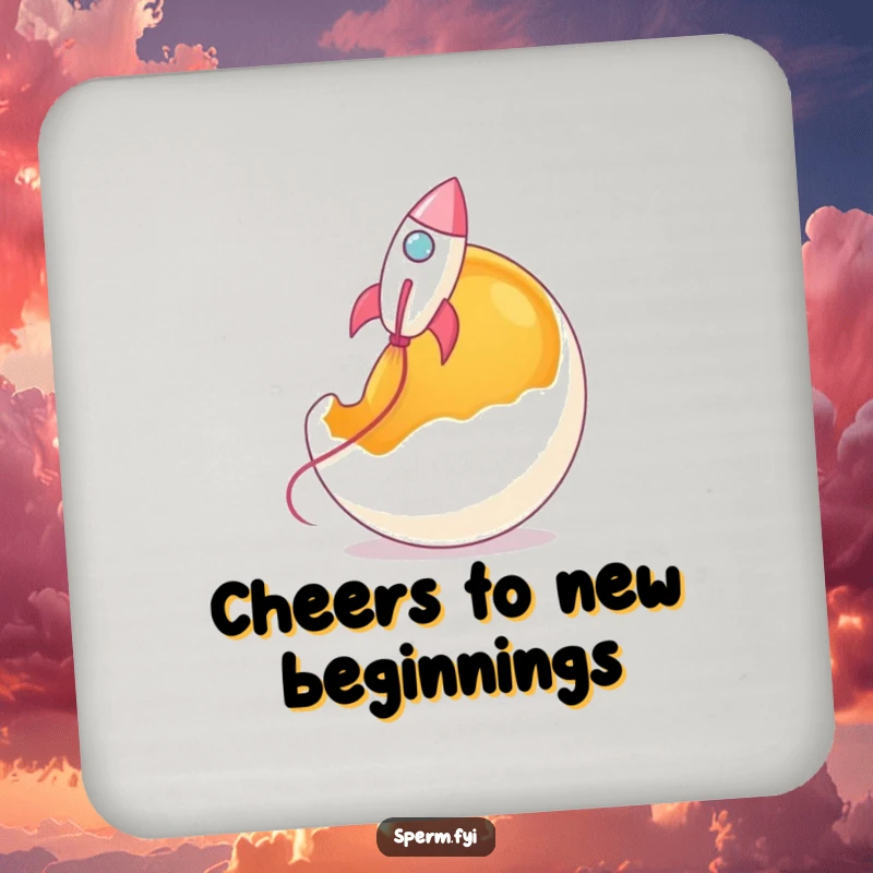 Funny rocket sperm drink coaster, sperm shaped like a rocket blasting off a giant egg yolk.