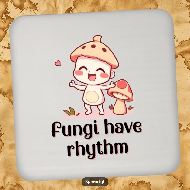 Funny giggling character doing a silly dance with a talking mushroom, a humorous design for coasters.