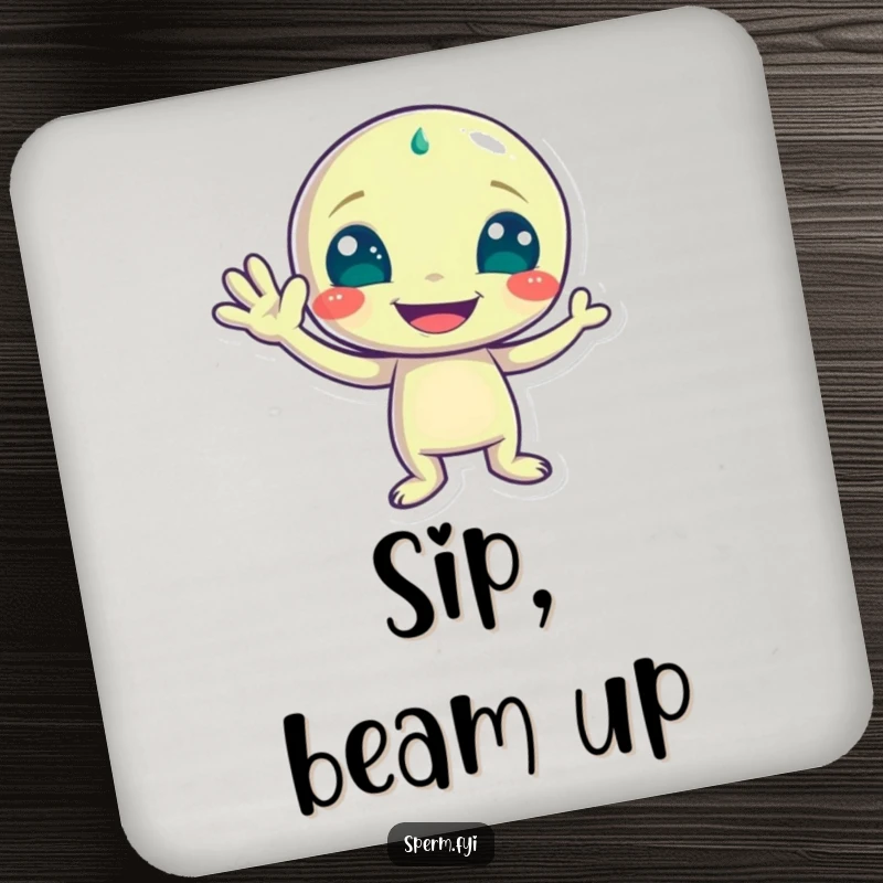 Funny drink coaster featuring a playful alien character waving with a wide grin, adding a touch of humor to tabletops.