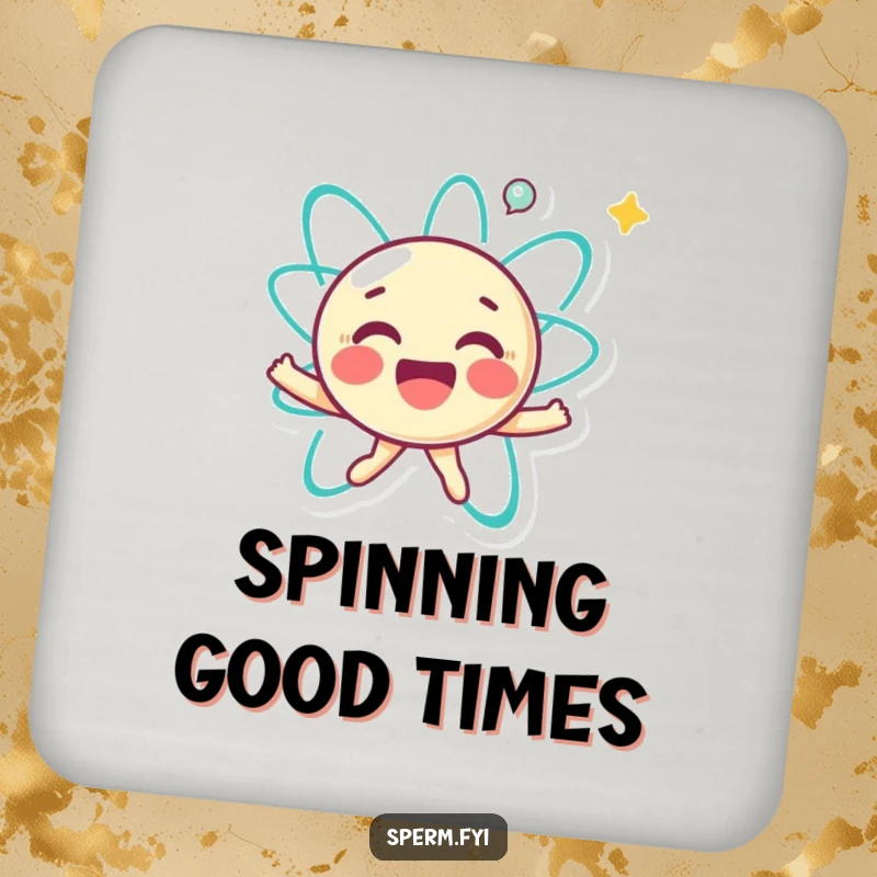 Funny drink coaster featuring a joyful little atom character happily spinning, adding a touch of energetic humor to tabletops.