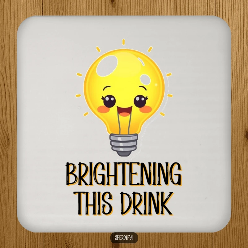 Funny cheerful lightbulb character glowing brightly on a drink coaster.