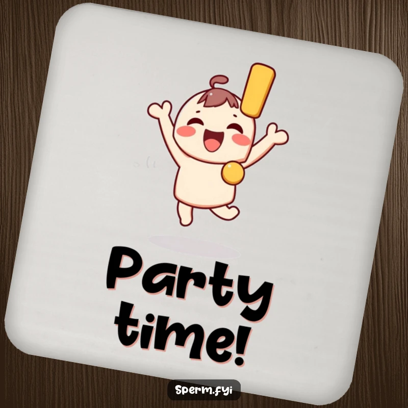 Funny Kawaii Character Coaster: A Kawaii character leaps with joy, holding an exclamation mark, a funny accent for drinks.