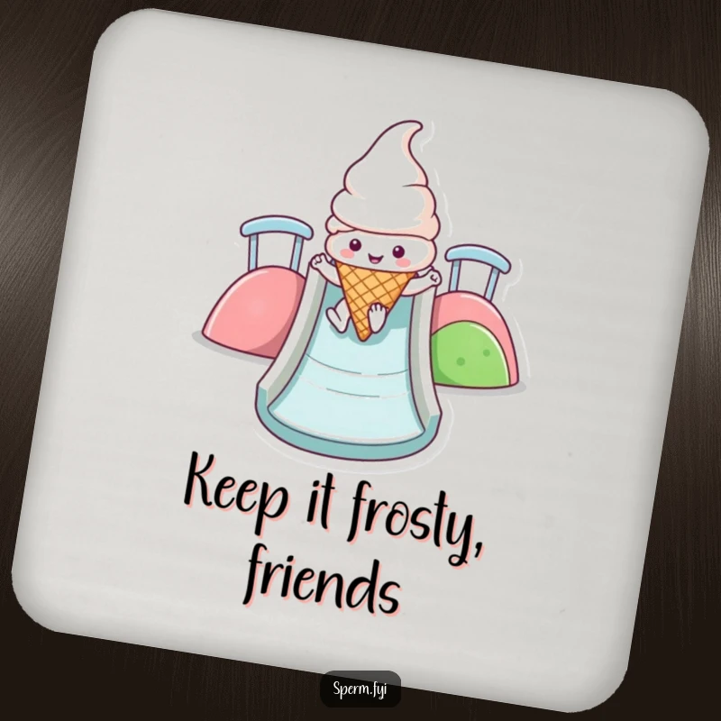 Funny Kawaii ice cream cone coasters set featuring a happy character sliding down a colorful slide, adding whimsical protection.