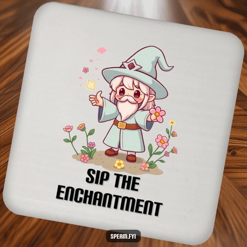Funny Kawaii wizard coasters casting a spell for instant flowers, stylish protection and a funny gift.