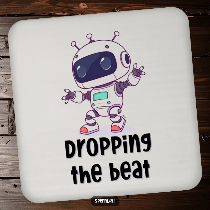 Funny Kawaii robot comically tripping over its own feet, depicted on coasters to add humorous, protective flair to any tabletop.