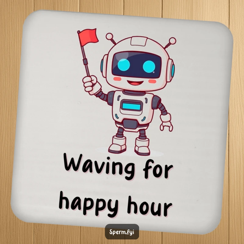Funny robot coaster, smiling, cheerfully waving a tiny flag, protecting surfaces with humor.