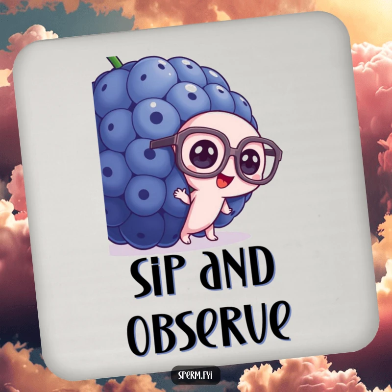 Funny sperm drink coaster, wearing oversized glasses, peeking from behind a giant blueberry.
