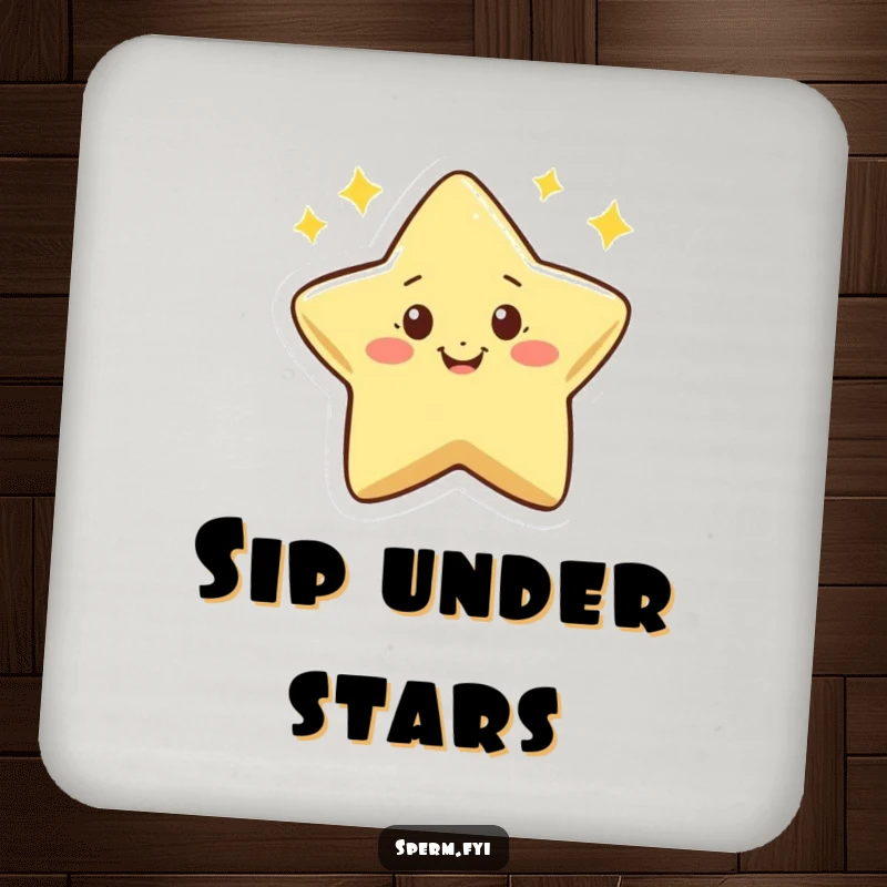 Funny drink coaster featuring a tiny smiling star character twinkling enthusiastically, adding humor to your table.