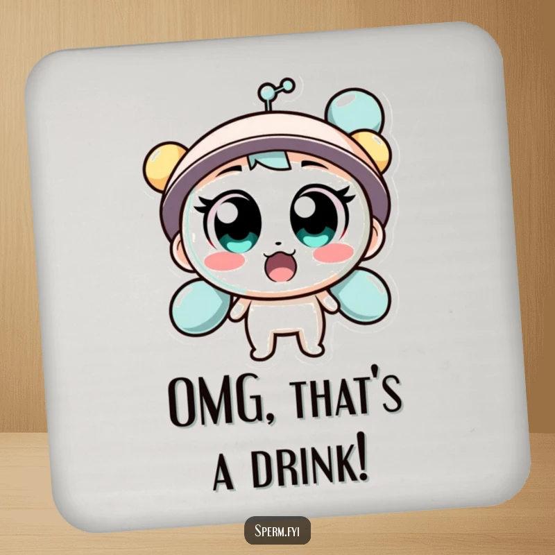 Funny drink coaster featuring a surprised molecule character with wide eyes, perfect for surface protection.