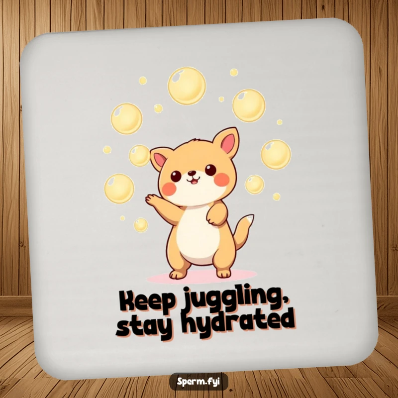 Funny Kawaii animal coasters set showcasing a delightful juggler tossing glowing orbs, adding whimsical protection to surfaces.
