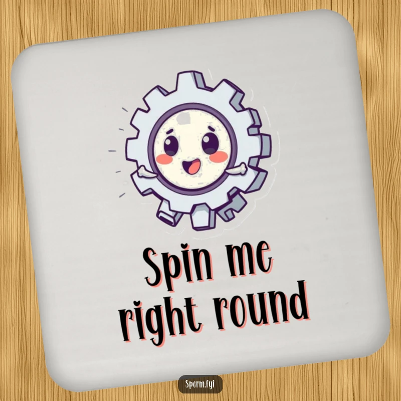 Funny drink coasters with a playful gear character spinning, adding a humorous and protective touch to tables.