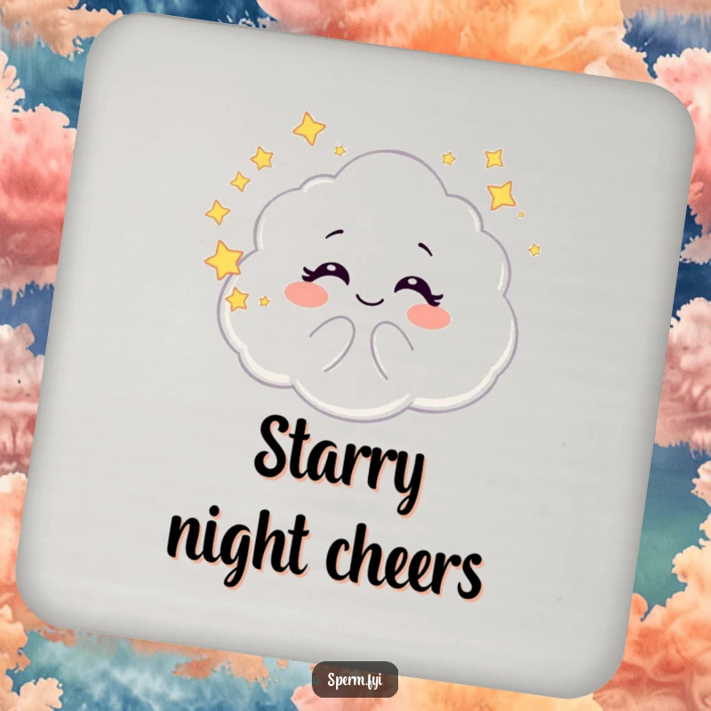 Funny drink coasters with a giggling galaxy cloud character blowing starry bubbles, offering surface protection with a whimsical touch.