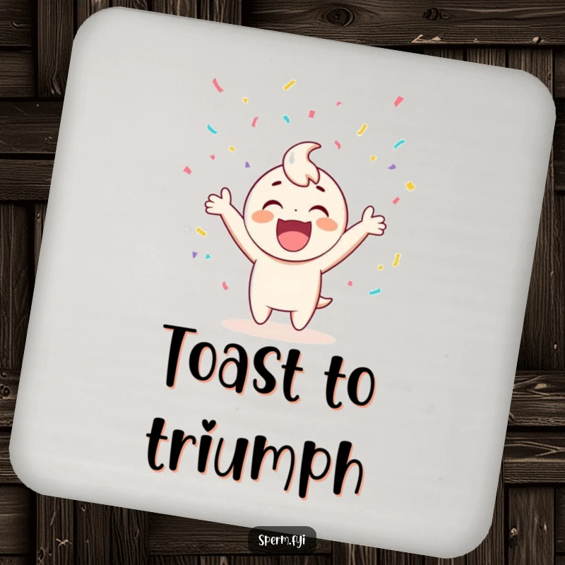 Funny drink coaster featuring a happy character cheering surrounded by a festive explosion of confetti.