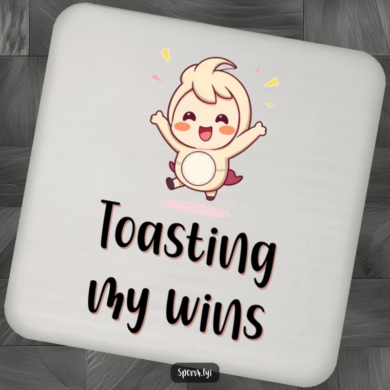 Funny Coaster: A character illustration doing a small, happy, celebratory hop, protecting your surfaces.