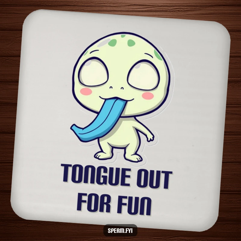 Funny alien coaster, surprised face, sticking out a long blue tongue, protecting surfaces with humor.