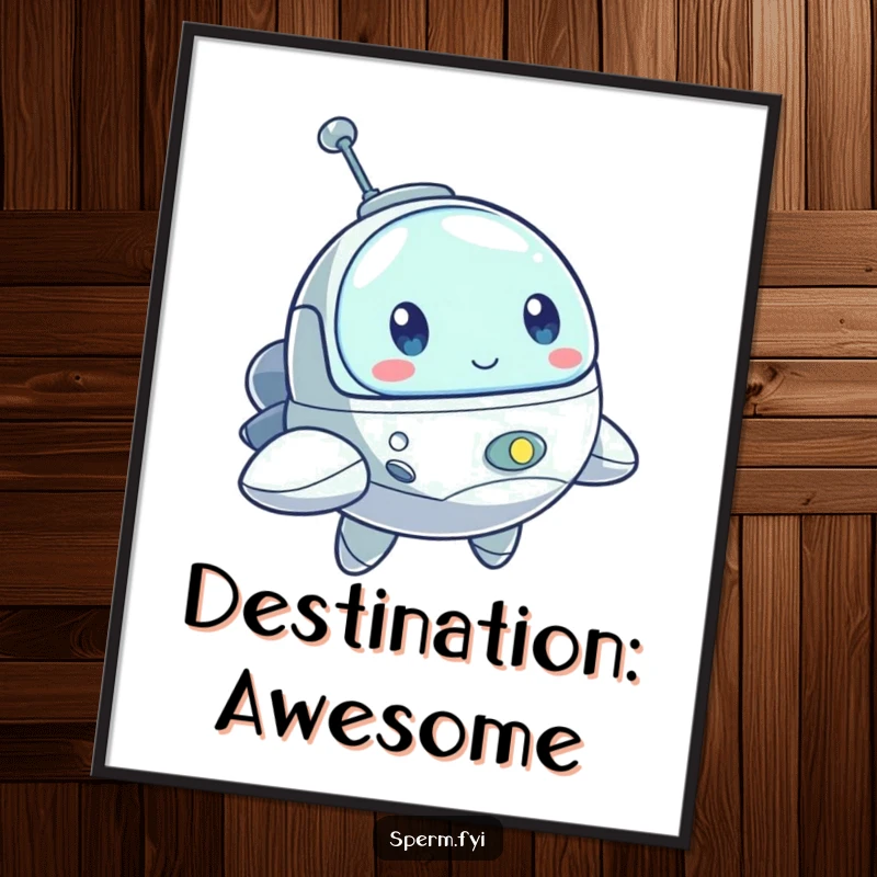 Funny poster art of a bouncing little spaceship character with a determined look, perfect for inspiring adventurous decor.