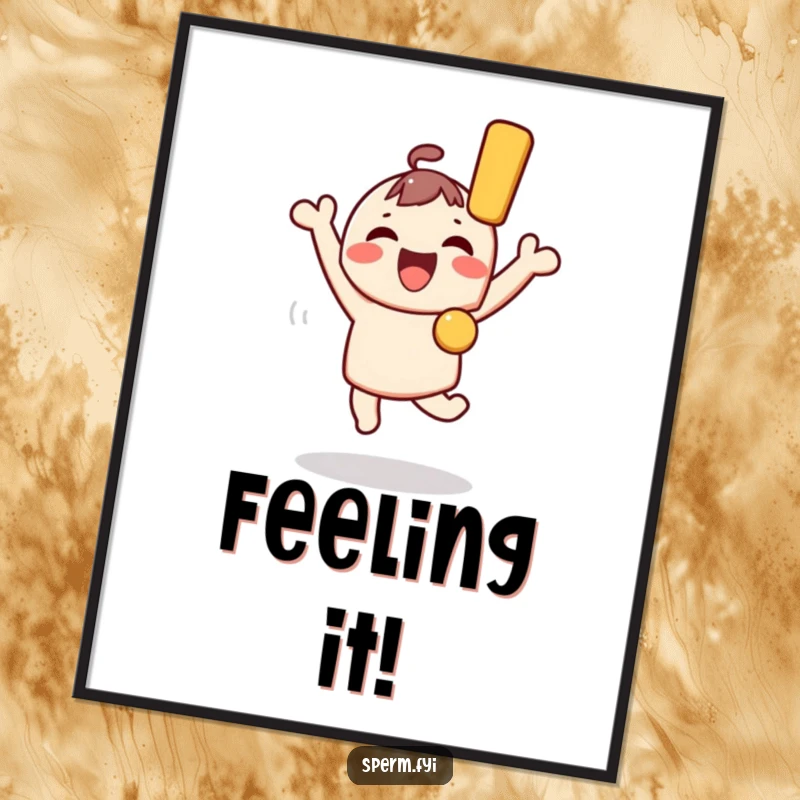 Funny Kawaii Character Poster: A Kawaii character leaps with glee, holding a massive exclamation mark, a funny representation of pure excitement.