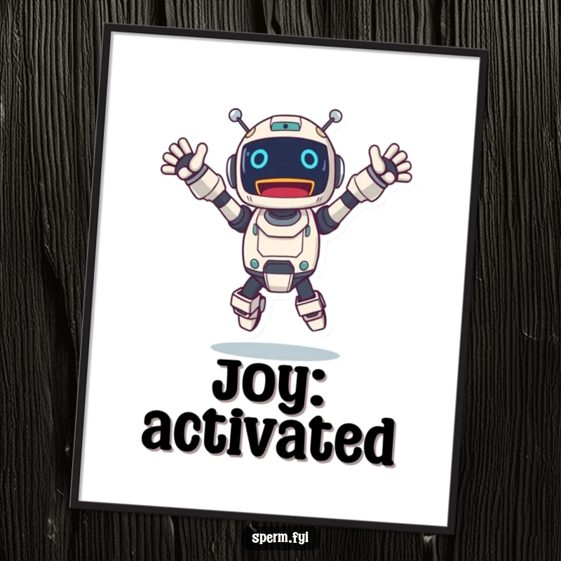 Funny robot poster of an excited character mid-jump, arms outstretched, conveying sheer mechanical elation.