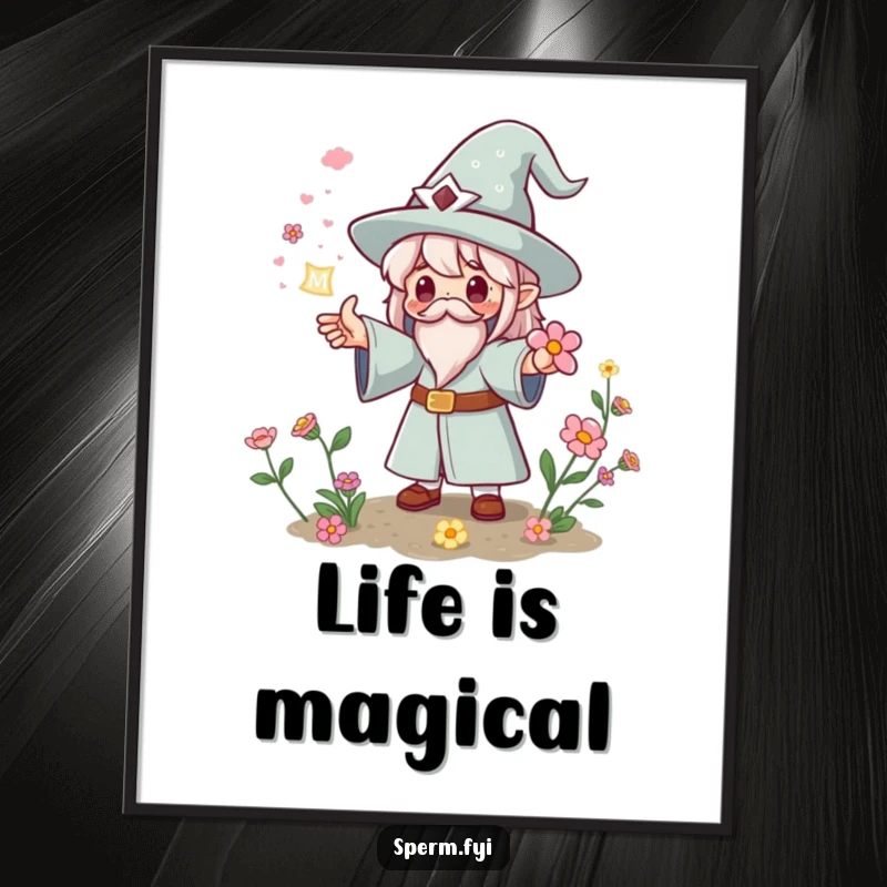 Funny Kawaii wizard poster casting a spell for instant flowers, magical wall art and a funny gift.