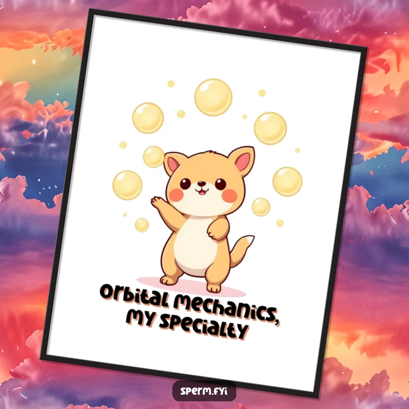 Funny Kawaii animal poster capturing a moment of pure joy as a creature juggles luminous orbs, bringing vibrant energy.