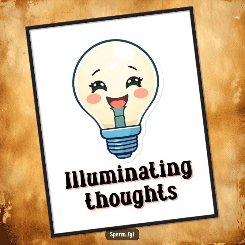 Funny poster art of a delighted lightbulb character glowing brightly, representing inspiration and bright ideas for decor.