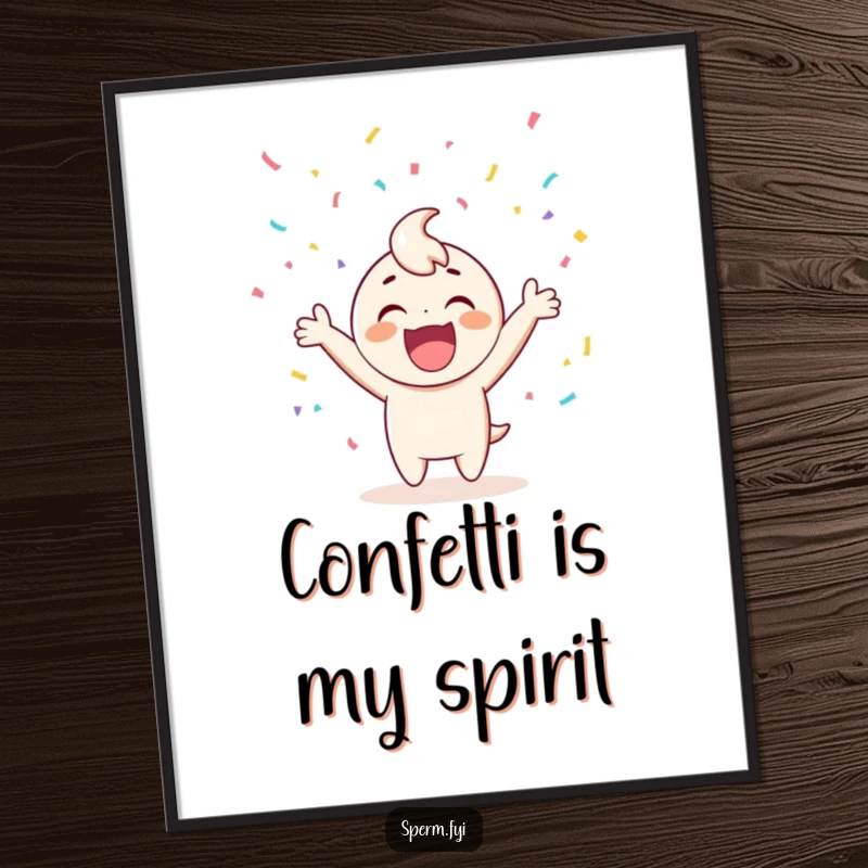 Funny poster showcasing a gleeful character in mid-cheer, showered by a whimsical explosion of colorful confetti.