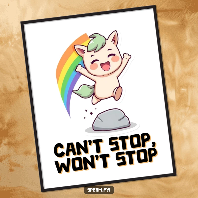 Funny rainbow leap poster, a character leaping over an obstacle leaving a colorful rainbow trail, vibrant wall decor.