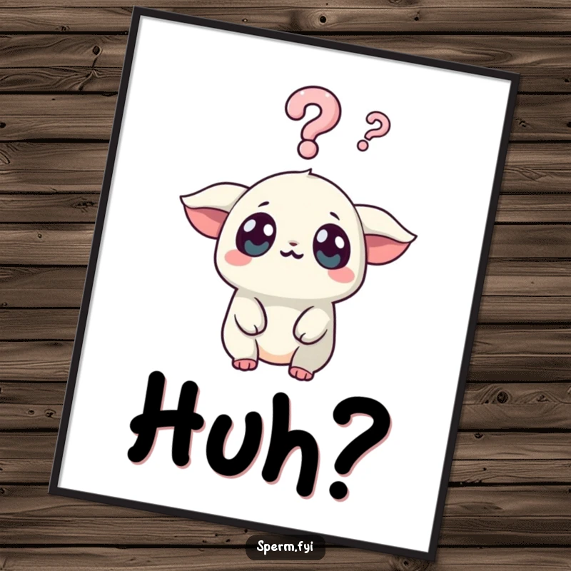 Funny Kawaii Creature Poster: A Kawaii creature with wide, surprised eyes looks at a question mark, a funny representation of wonder.