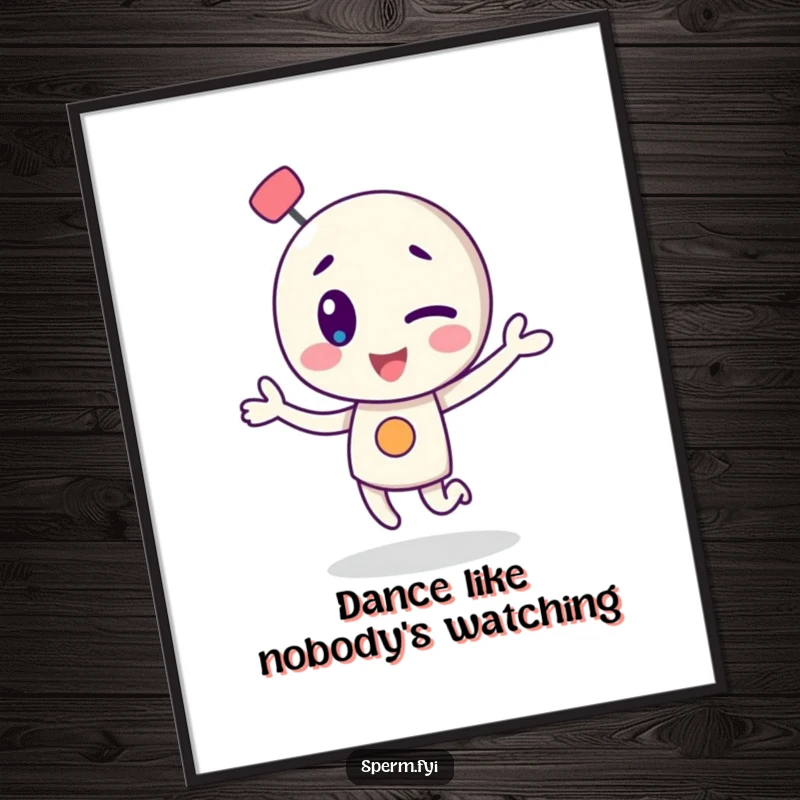 Funny poster art of a winking atom character engaged in a joyful dance, perfect for science lovers.