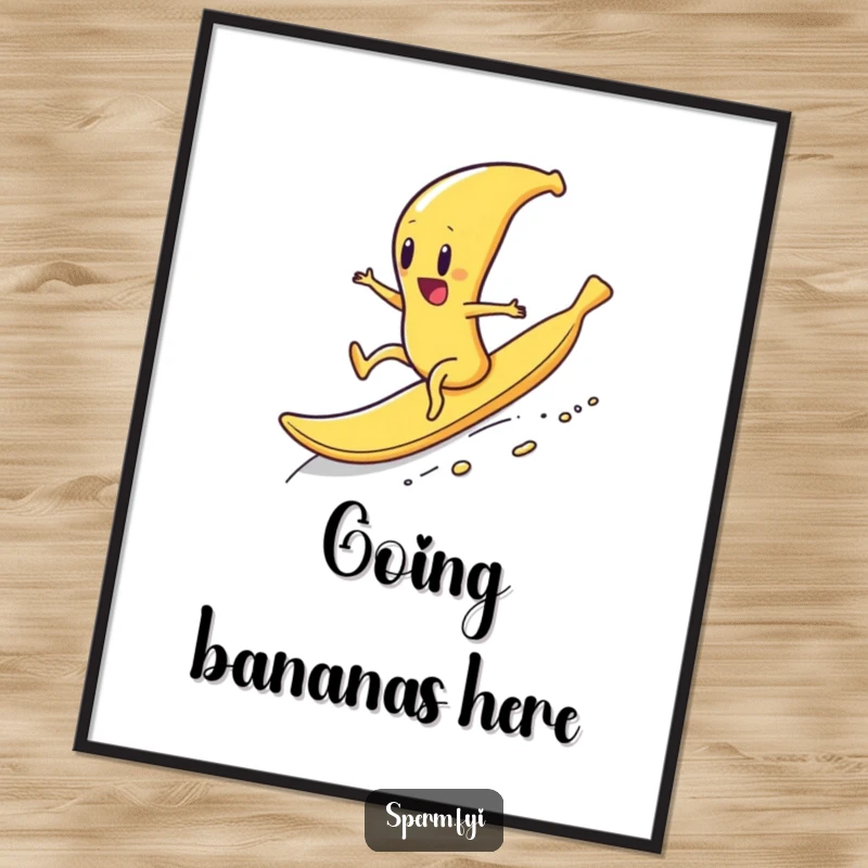 Funny poster depicting a sperm character wildly and enthusiastically sliding downhill on a banana peel, capturing thrilling motion.
