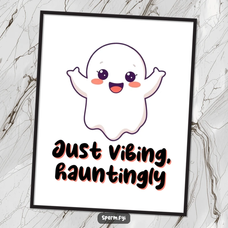 Funny Ghost Poster with a cheerful cartoon ghost floating and doing a joyful wobble, ideal for whimsical wall decor.