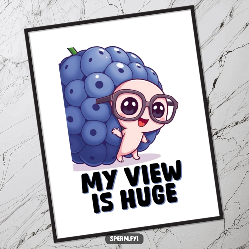 Funny sperm poster, wearing large glasses, peeking from behind a colossal blueberry, whimsical.