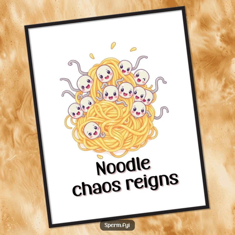 Funny poster depicting sperm characters hilariously caught in a giant spaghetti noodle, creating a surreal and humorous visual.