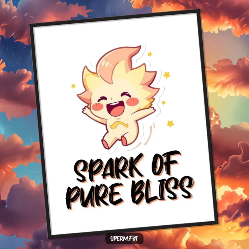 Funny poster art of a joyous spark character zipping through the air, ideal for vibrant decor.