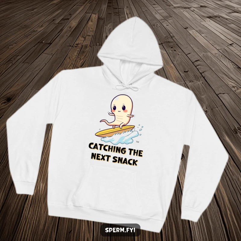 Funny sperm hoodie, a sperm looking unsteady while surfing a huge potato chip, cozy humor.