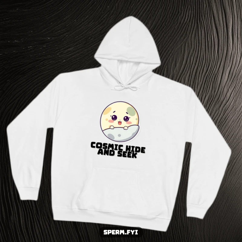 Funny hoodie depicting a surprised little moon character peeking out from behind a colorful planet, radiating playful shock.