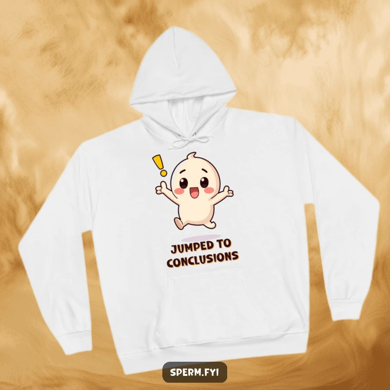 Funny kawaii exclamation point character mid-jump with surprise and shock on a cozy hoodie.