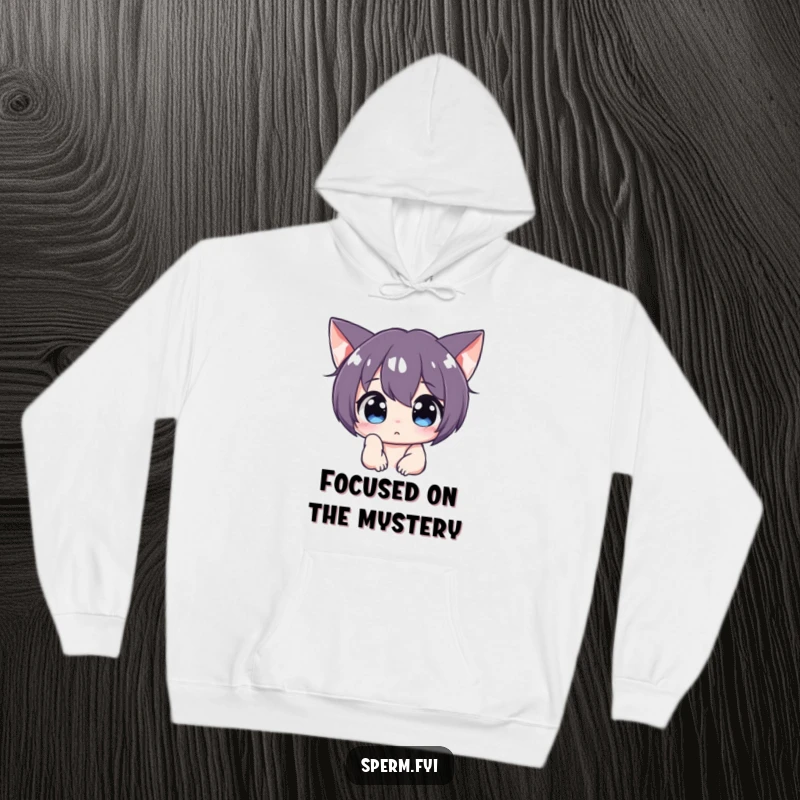 Funny curious character peering intently off-screen on a cozy hoodie, inviting viewers to share the mystery.