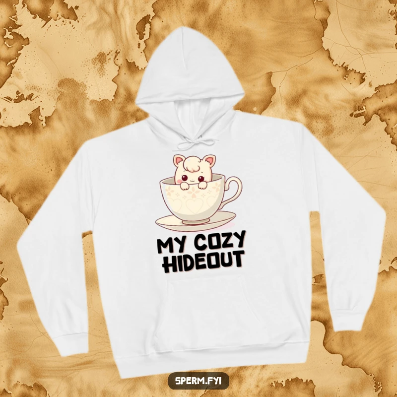 Funny curious character peeking out from inside a giant teacup, on a cozy hoodie.