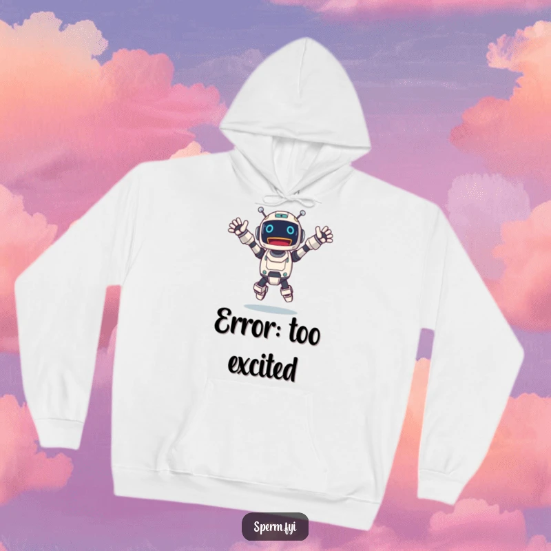 Funny robot hoodie featuring an excited character in a dynamic jump, arms widely outstretched in pure delight.