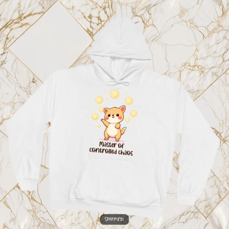 Funny Kawaii animal hoodie design featuring a cheerful juggler expertly balancing glowing orbs, exuding warmth and playful magic.