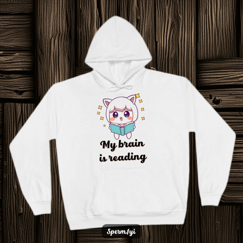 Funny surprised character with stars around its head, looking at a floating book, on a cozy hoodie.