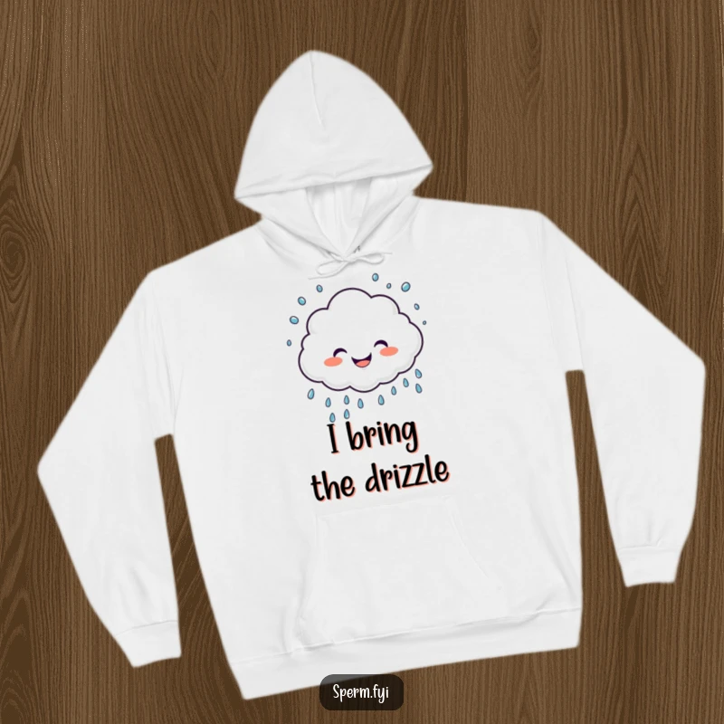Funny hoodie featuring a giggling cloud character joyfully sprinkling raindrops, offering cozy and humorous comfort.