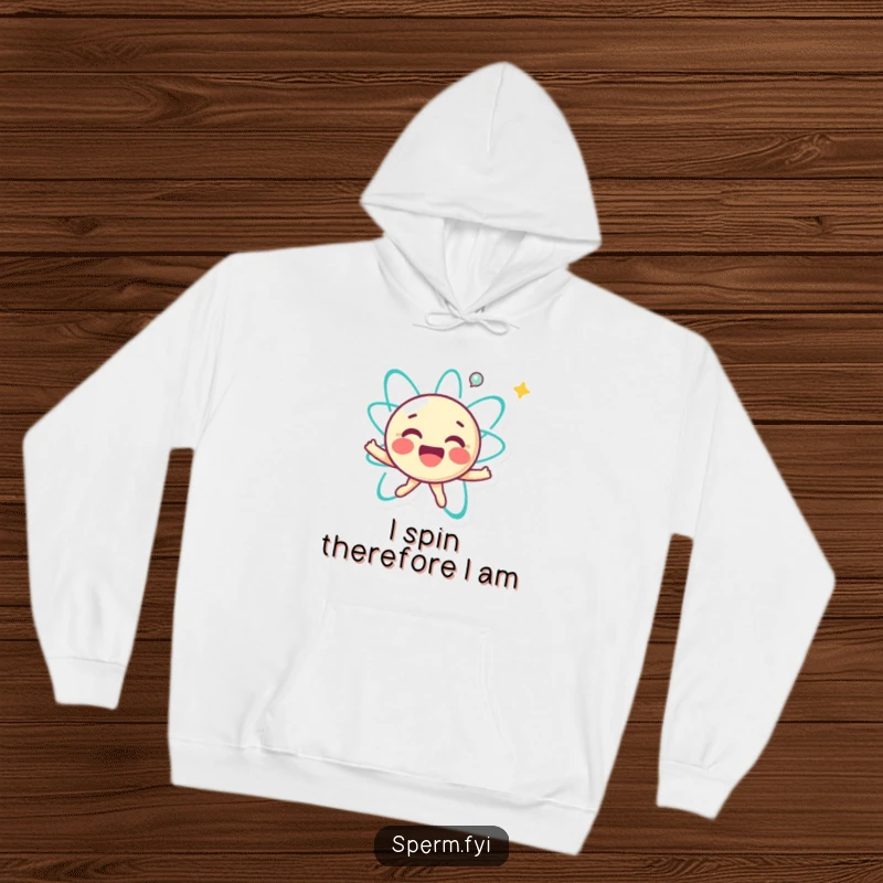 Funny hoodie depicting a joyful little atom character happily spinning, radiating energetic and positive vibes.