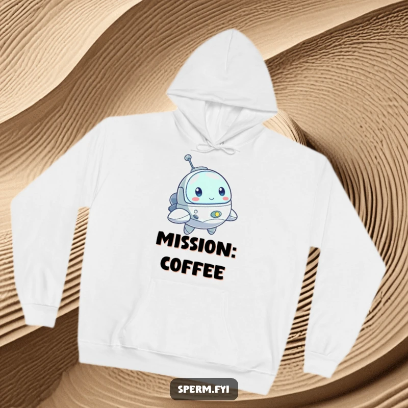 Funny hoodie depicting a bouncing little spaceship character with a determined look, ready for any intergalactic mission.